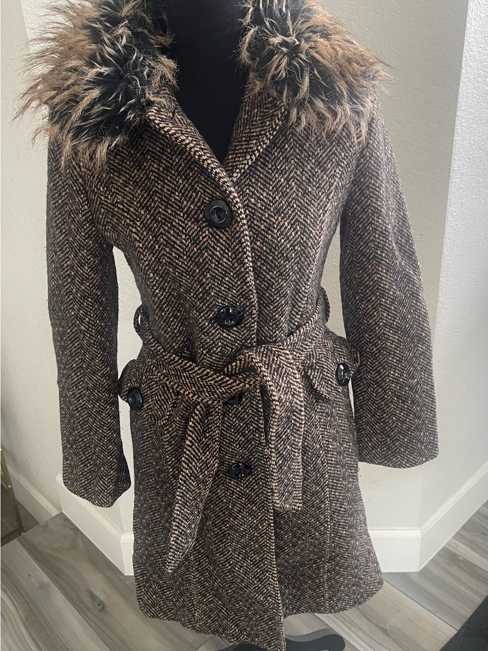 Vintage Apt. 9 Brown Herringbone Coat with Faux Fur Collar